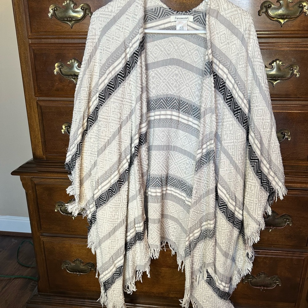 Bohemian Fringe Poncho in Cream and Black